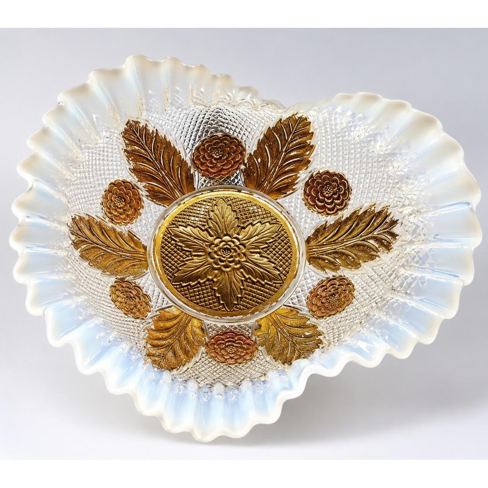 Antique Northwood Leaf & Flower Goofus Glass Opalescent Ruffled Bowl 8.5"